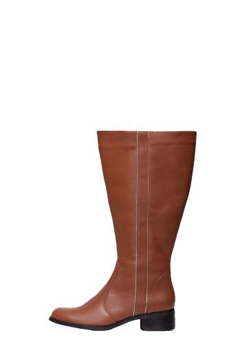 Leather-like μπότα ιππασίας με φαρδιά γάμπα και διπλό ρέλι σε σοκολά χρώμα